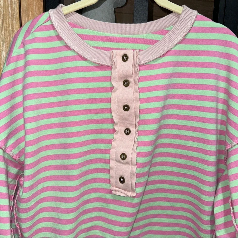 Free People henley sweatshirt terry raglan inside out pullover stripes mint top - Picture 3 of 7